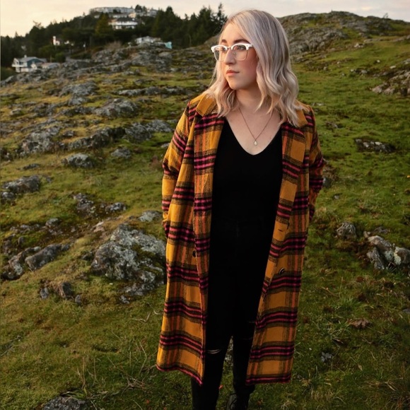 Jackets & Blazers - Plaid Long Coat with Yellow and Pink Accents